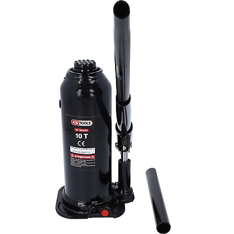 Schwarzer Hydraulikwagenheber, 10 T. Mit Hebel und abgenommenem Griff. Auf rotem Knopf.